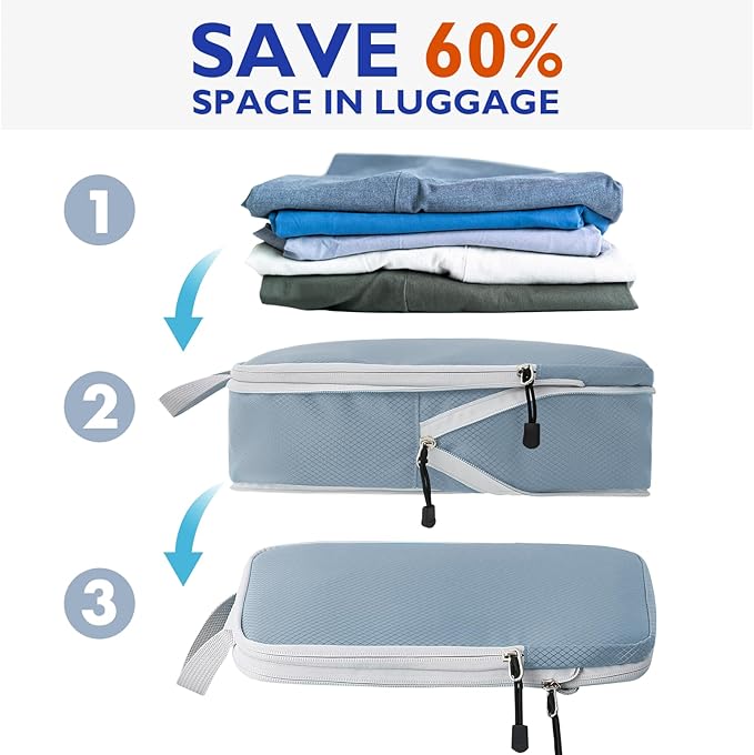 Compression Packing Cubes, 10 Set Packing Cubes for Travel Compression, Lightweight Compressible Package Organizer for Carry On and Suitcases, LakeBlue and Grey