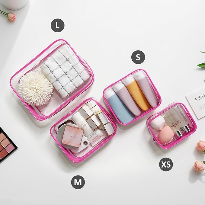 TSA Approved Toiletry Bag, 4 Pcs Clear Toiletries Bags Quart Size Travel Makeup Cosmetic Bag for Women Men, Carry on Airport Airline Compliant Bag (Rose Pink, Pack of 4)