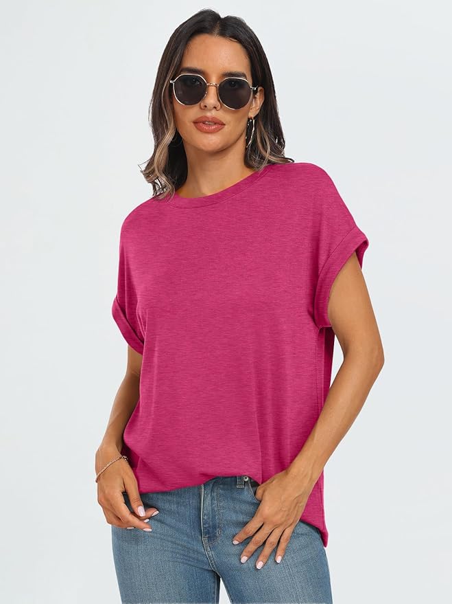 AUTOMET Women's Oversized Short Sleeve T Shirts Casual Drop Shoulder Rolled Cuff Summer Tops for Work, Travel and Lounge