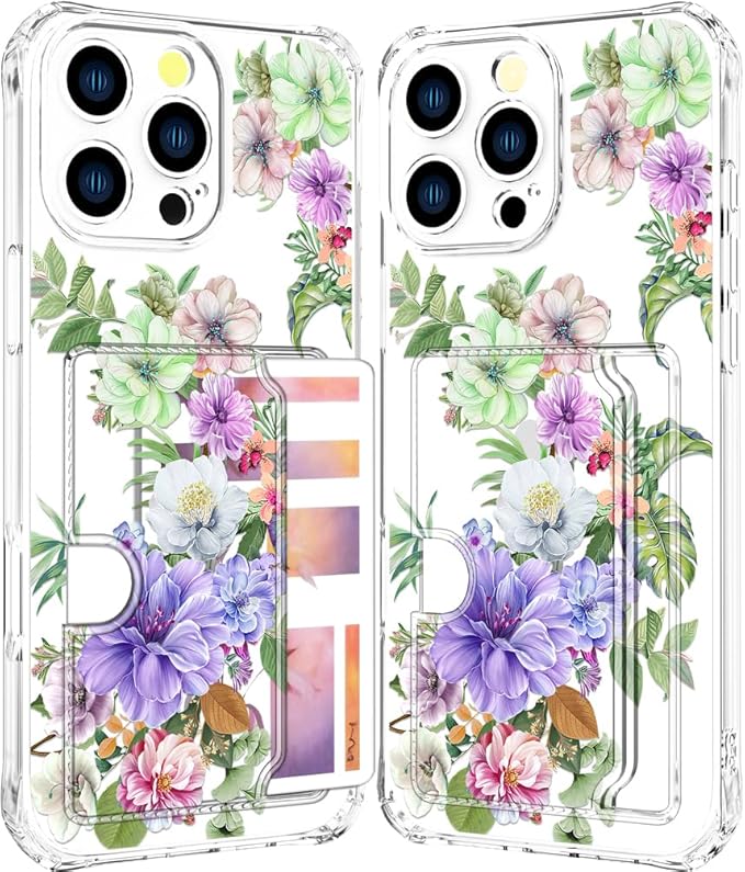 Compatible with iPhone 16 Pro Case Card Holder for Women Cute Design,Wallet Phone Cases Transparent Cool Kawaii Protective (Clear Impressive Flowers)