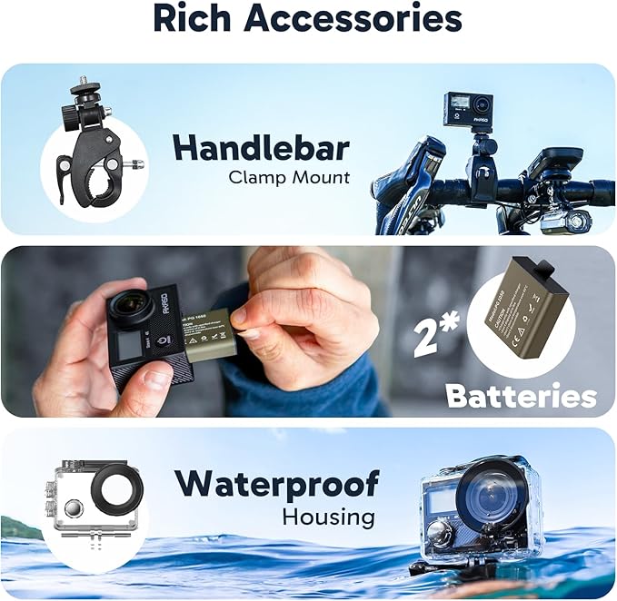 AKASO Brave 4 Action Camera with 64GB MicroSDXC U3 Card 4K30FPS 20MP Ultra HD 131FT Waterproof Underwater Camera EIS WiFi Remote Control 5X Zoom Sport Camera with Motorcycle Bicycle Accessories Kit