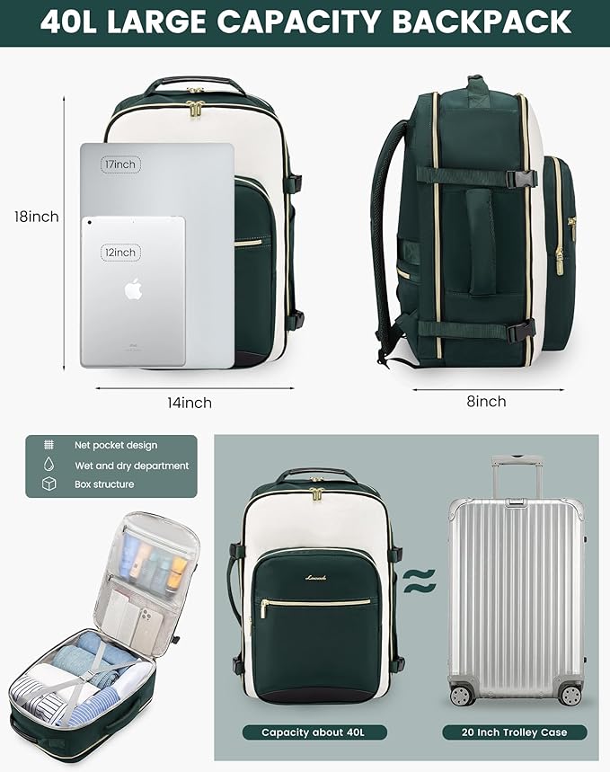 LOVEVOOK 40L Travel Backpack for Women & Men, Airline Approved Carry On Luggage with 3 Packing Cubes, TSA Overnight Bags, Waterproof Personal Item Bag, Weekender Essentials Backpacks fits 17" Laptop