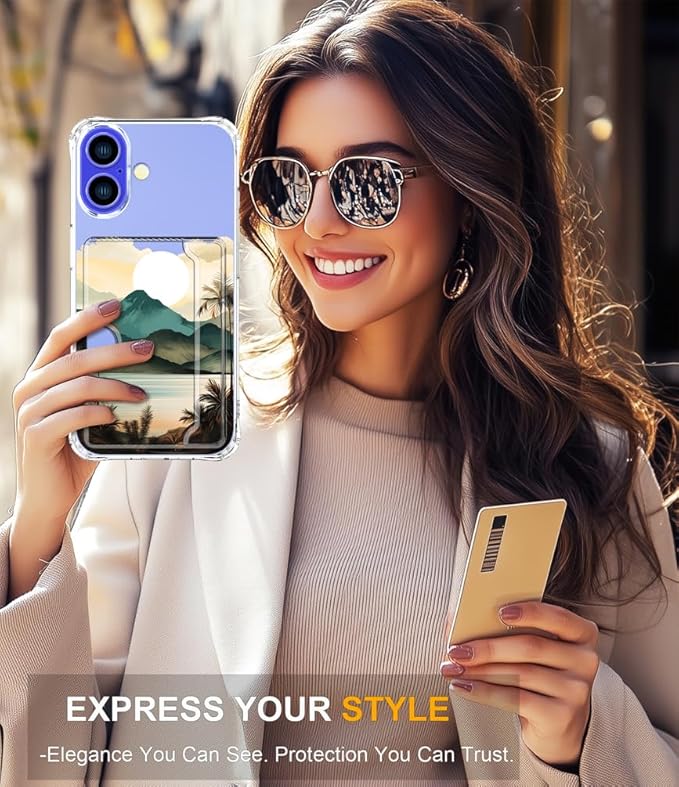 Compatible with iPhone 16 Plus Case Card Holder for Women Cute Design,Wallet Phone Cases Transparent Cool Kawaii Protective (Clear Ocean Sun Mountains Sunset)