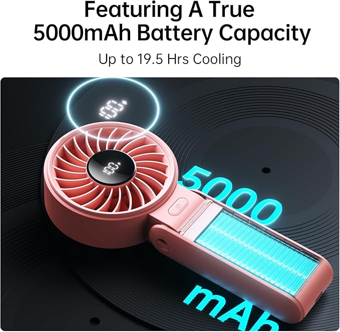 JISULIFE Handheld Fan Life7 – Ultimate Flexibility: Wide & Strong Airflow, 19.5H Max Cooling, 5000mAh Rechargeable, 5-Speed, LED Display, 3 IN 1 Portable Fan for Travel, Concerts, Sports Events(Pink)