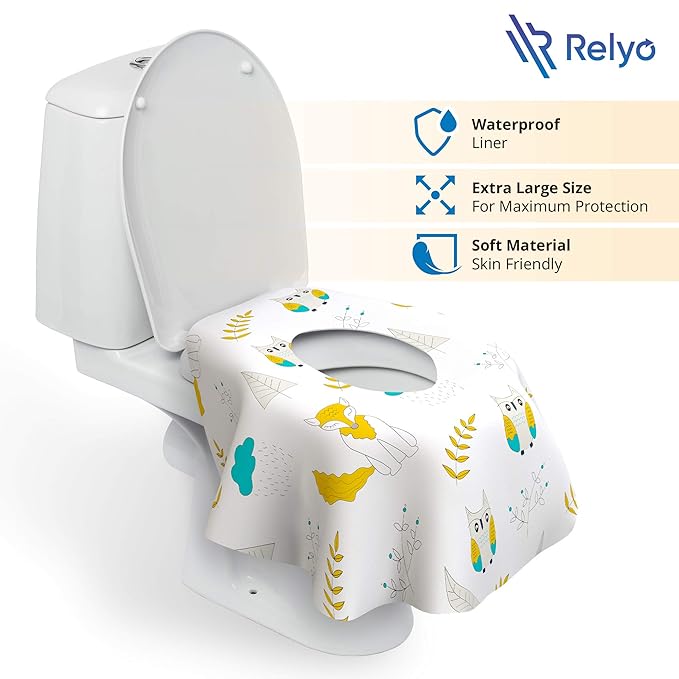 Relyo Disposable Toilet Seat Cover for Travel – 20 Pack with Covers Wrapped in Sets of 2, Non-Flushable Liners, Fits Most Seats – Kids, Toddlers, Adults (Owls, 20)
