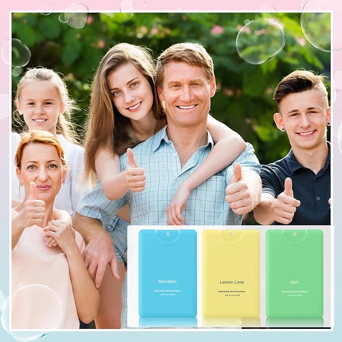 Set of 3 Power Mist Hydrating Hand Sanitizer Spray Bulk Travel Size Effective Hand Sanitizer 0.67 Fl. oz Compact Card Spray Bottle Mint Mandarin Lemon Lime Scent for Backpack Bathroom Baskets
