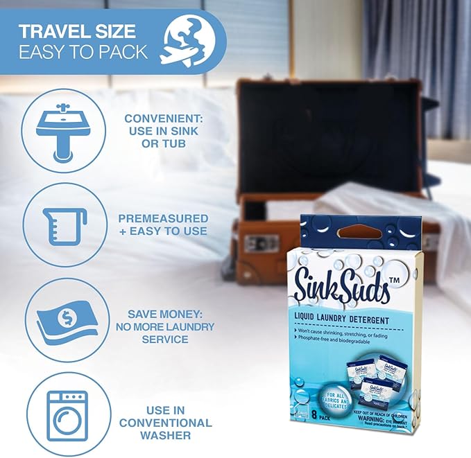 SinkSuds Travel Laundry Detergent Liquid Soap + Odor Eliminator for All Fabrics Including Delicates,Sink-Packets,0.25 Fl Oz,(Pack of 32)