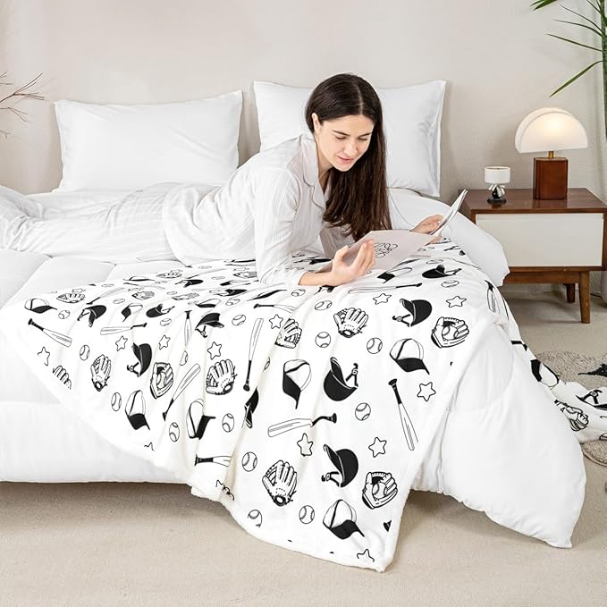 Baseball Kids Throw Blanket,Baseball Bat Glove Cartoon Bed Blanket for Girls Boys Adults,Stars Ball Sports Games Fleece Blanket,Black White Fashion Fuzzy Blanket,Baby Size (30 x 39 Inches)
