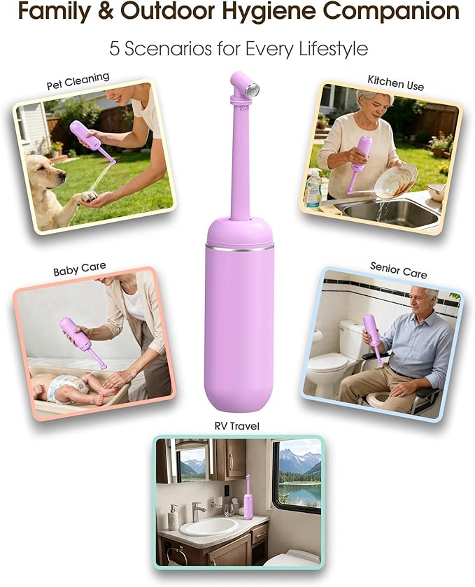 Portable Bidet for Travel & Camping - Manual Squeeze Handheld Peri Bottle for Feminine Hygiene, 3 Leak-Proof Seals, Extendable Sprayer with Rotating Nozzle for Men & Women (Light Purple, General)