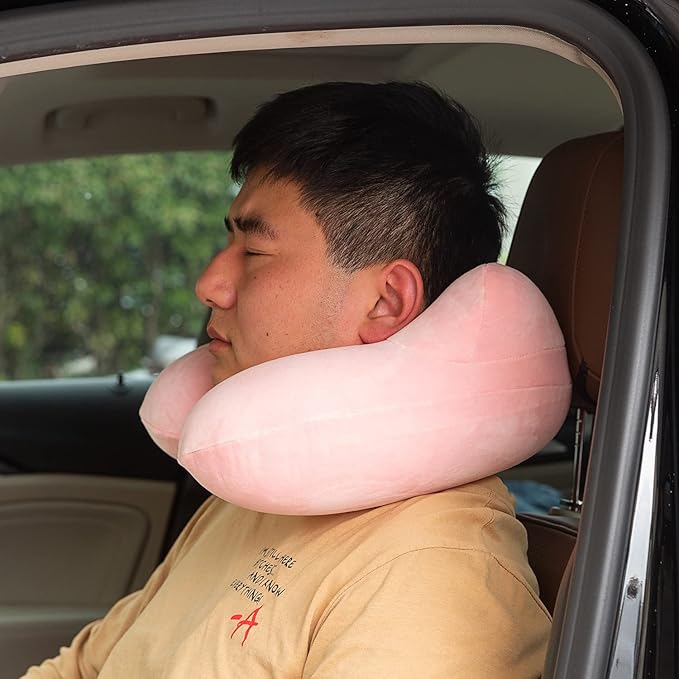 Inflatable Travel Pillow, Neck Pillow Support for Traveling, Airplanes, Cars, and Offices with Compact Carrying Bag, Soft Velvet Washable Cover, Ideal for Adult Sleepers (Pink)