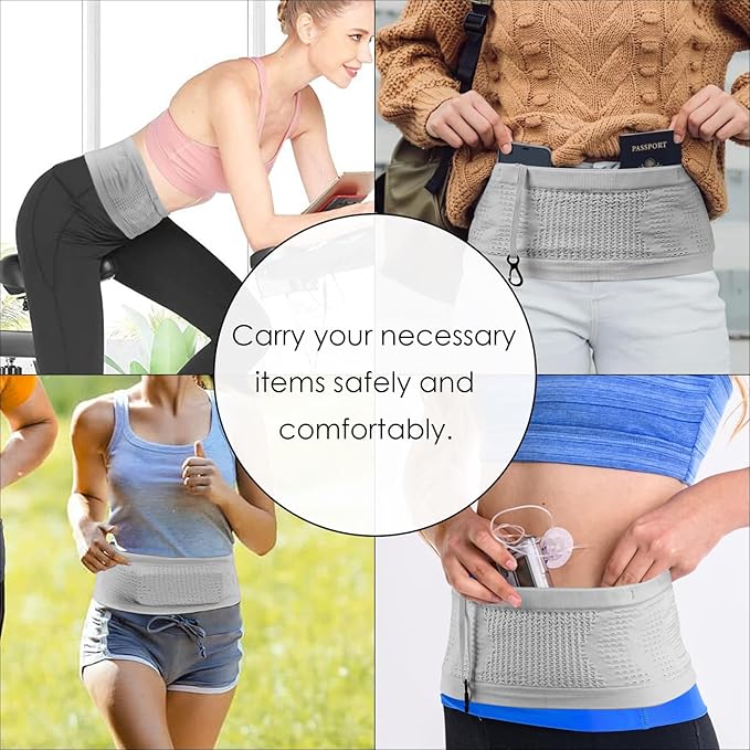 Adorila Slim Running Belt, No-Bounce Hidden Waist Pack with 360° Opening for Soft Flask, Cellphones, Keys or Gels, Grey, Small