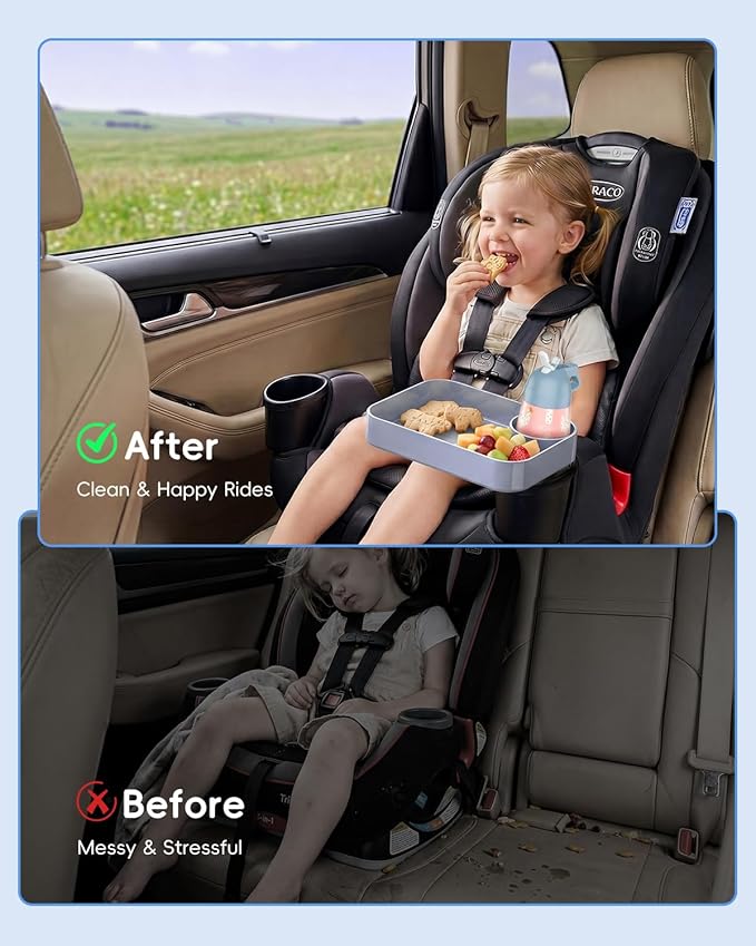 Toddler Car Seat Snack Tray - 3 Inch Cup Holder with Dip Well Fits Most Sippy Cups & Straw Bottles, Mess-Free Square Kids Travel Tray Road Trip Essentials, Grey