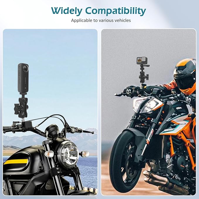 Camera Mount with 360°Dual Ball Head, Motorcycle Handlebar Mounting Bundle Kit for lnsta360 X5/X4/X3/ Gopr0//LED Light, 1/4"-20 & Tripod Adapter, Action Camera Mount Adapter for M8 Hole Base,75018