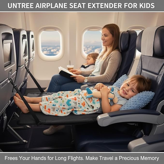 Airplane Bed, Toddler Airplane Bed, Seat Extender for Kids with Blanket – Portable Travel Sleeper with Plush Flannel & Storage Bag, Black, 31.5x18in