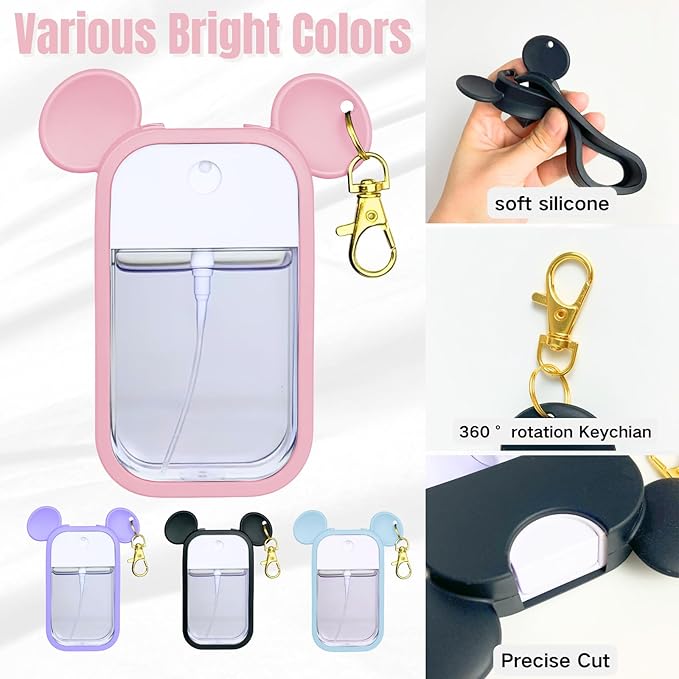 Mouse Design Silicone Case Compatible with Touchland Hand Sanitizer Spray 1 fl oz, Silicone Protective Case Holder with Keychain for Power Mist and Glow Mist, Pink