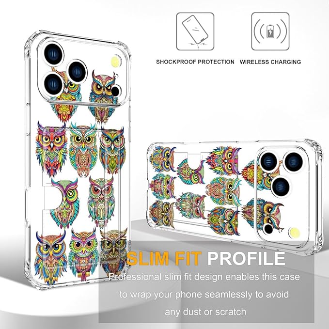 Compatible with iPhone 17 Pro Max Case Card Holder for Women Cute Design,Wallet Phone Cases Transparent Cool Kawaii Protective (Clear Colorful Owls Cartoon)