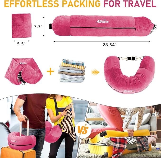 Travel Neck Pillow Stuffable with Clothes, Stuffable Neck Pillow for Travel, Packable Fillable Storage Bag for Airplane
