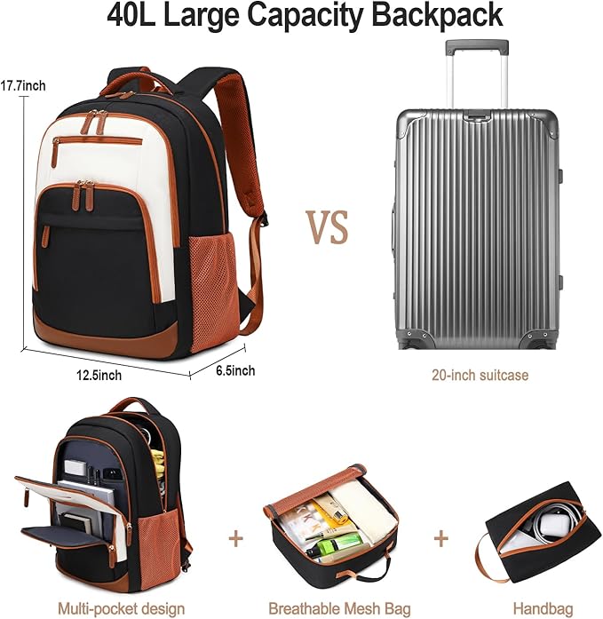 BOVIP Travel Backpack For Men Women,40L Carry On Backpack Flight Approved,TSA Personal Item Travel Bag Fits 17 Inch Laptop,Business Weekender Overnight Daypack Black White