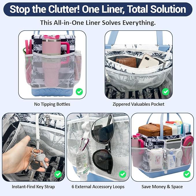 Custom Fit Organizer Bag Insert ONLY for Bogg Bag Custom Fit Inner Liner Pouch for Original Large XL Rubber Tote Zippered Organizer with Pockets for Beach Travel Sports Mom (BLUE WHITE STRIPE, LARGE)