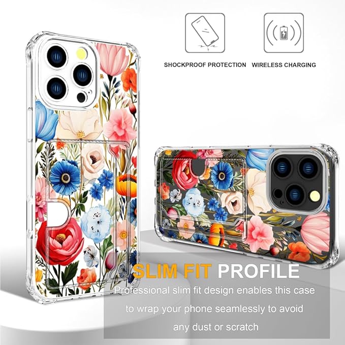 Compatible with iPhone 16 Pro Max Case Card Holder for Women Cute Design,Wallet Phone Cases Transparent Cool Kawaii Protective (Clear Flower Art Rose Peony)