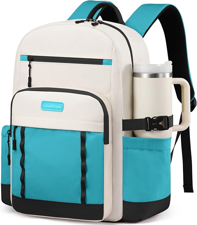 LOVEVOOK Laptop Backpack for Women with Stanley Cup Holder,15.6 Inch DIY Design Travel Work Backpack Computer Laptop Bag,Nurse Teacher College Backpack Purse,Gifts for Women Men,Beige-Black-Blue green