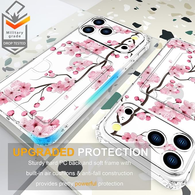 Compatible with iPhone 17 Pro Max Case Card Holder for Women Cute Design,Wallet Phone Cases Transparent Cool Kawaii Protective (Clear Sakura Peach Cherry)