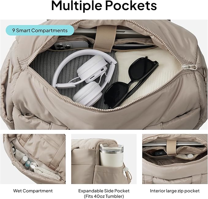 TOPEAST Weekender Bag for Women, Lightweight Puffer Travel Duffle Carry On Bag with Wet Pocket & 40oz Tumbler Pocket, Airline Approved Personal Item Overnight Bag