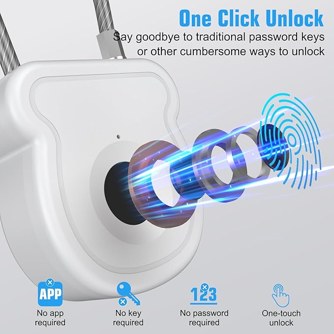 Smart Fingerprint Padlock for Luggage - 20 User Capacity, USB Key & Emergency Code, Keyless Biometric Lock for Gym Locker, Suitcase, Backpack, Toolbox & Handbag (White)