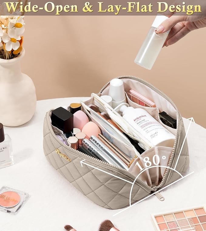 Travel Makeup Bag, 3 Pcs Large Capacity Puffy Toiletry Bag for Women, Open Flat Quilted Make up Cosmetic Organizer w/Handle & Clear Divider Water-resistant Portable Pouch Travel Essentials, M-Oatmeal