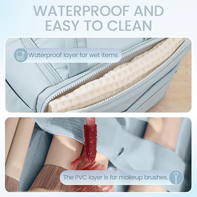 Wide Opening Toiletry Bag for Women,Travel Makeup Bag with Mesh Pocket,Cosmetic Travel Organizer with Wet Dry Separation,Toiletries Bag,Blue