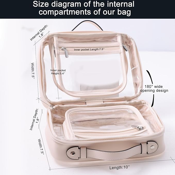 SANHECUN traveling toiletry case clear cosmetics case makeup bag Dimensions | LxWxH:10” x 4.5” x 7.5”(Beige, Medium)