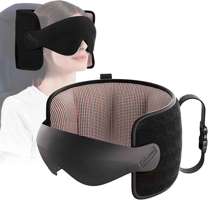 Travel Pillow for Airplane, Travel Pillow with Seat Strap and 3D Eye Mask to Firm Head, 360°Support Headrest No Bobblehead, Travel Essentials for Long Flight,Car Road Trip,Mottled Red