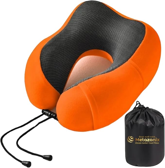 Travel Pillow - 100% Memory Foam - Travel Pillows for Airplane - Neck Pillow Airplane and Car Use - Memory Foam Travel Neck Pillow - Travel Essentials for Women and Men (Orange)