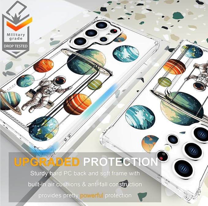 Compatible with Samsung Galaxy S24 Ultra Case Card Holder for Women Cute Design,Wallet Phone Cases Transparent Cool Kawaii Protective (Clear Astronaut Space Planets)
