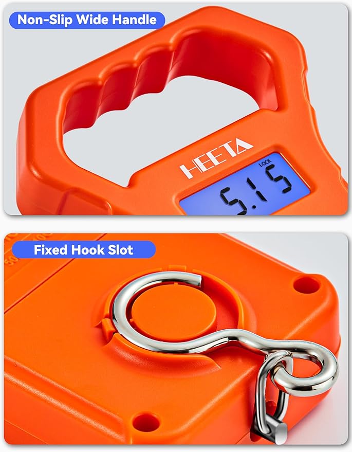 HEETA Fish Scale, 110lb/50kg Digital Portable Hanging Fishing Weight Scale with Backlit LCD Display, Luggage Scale with Hook, Non-Slip Large ABS Handle & 2 AAA Batteries, Fishing Gifts Gear for Men