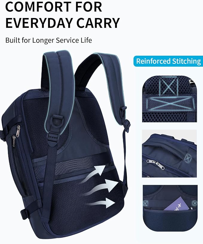 ECOHUB 17" Small Unisex Travel Backpack United Airlines Approved 17x10x9 Friendly Suitcase Anti-Theft Lockable Zippers Style Personal Item Bag Travel Essentials with 12 Pockets Water Resistant, Blue