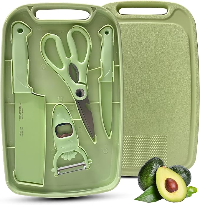 Cutting Board and Knife Set, 5 In1 Travel Cutting Boards And Knife Travel Cutting Board Kitchen Scissors and Peeler For Kitchen (Green)