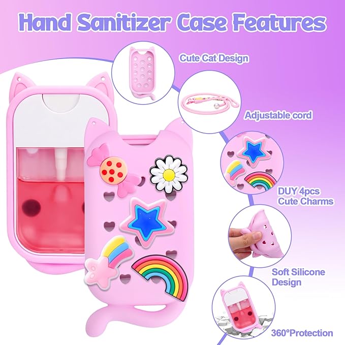 Mity rain Hand Sanitizer Spray Case Compatible With Touchland, Cute Silicone Hand Sanitizer Holder Keychain with 4 Charms, Portable Refillable Sanitizer Accessory, Gift for Women And Teens
