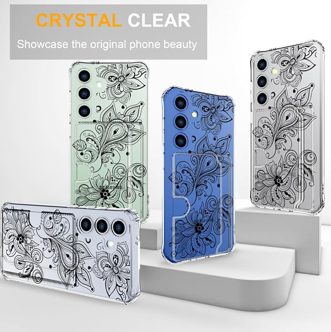 Compatible with Samsung Galaxy S24+ Plus / S25+ Plus Case Card Holder for Women Cute Design,Wallet Phone Cases Transparent Cool Kawaii Protective (Clear Black Henna Flower)