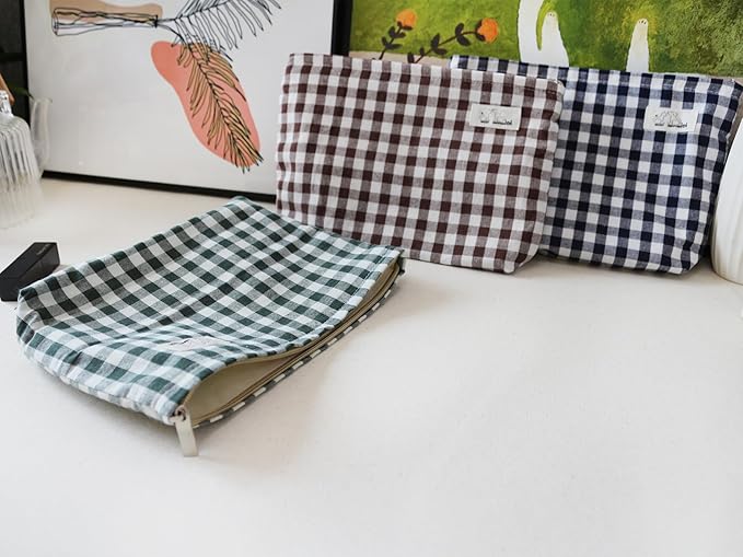 HAPPYHEIDI Dark Green Gingham Pouch Cotton Makeup Bag Cosmetic Travel Make Up Purse Organizer, Zipper Closure, Canvas Lined, Vintage Moss Green