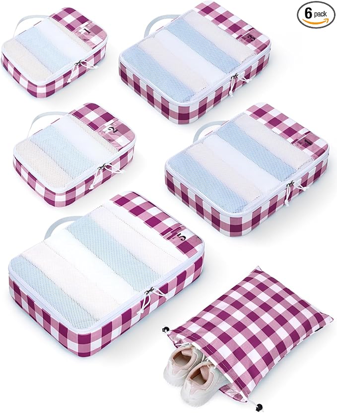 ECOHUB 6 Set Packing Cubes for Travel Durable Suitcase Organizer Bags Set with Personalized Tag Travel Essentials with Shoe Bag Traveling Accessories for Luggage Machine Washable,Wine Red