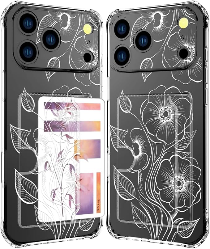 Compatible with iPhone 17 Pro Case Card Holder for Women Cute Design,Wallet Phone Cases Transparent Cool Kawaii Protective (Clear Seamless Abstract Flower)