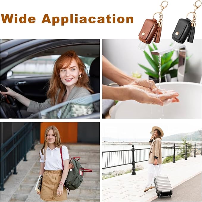 Grevosea 2Pcs Hand Sanitizer Holder, 30ml Portable Leather Hand Sanitizer Travel Size Keychain Empty Squeeze Bottles Refillable Container for Toiletry Lotion Liquid Soap Shampoo (Black+Brown)