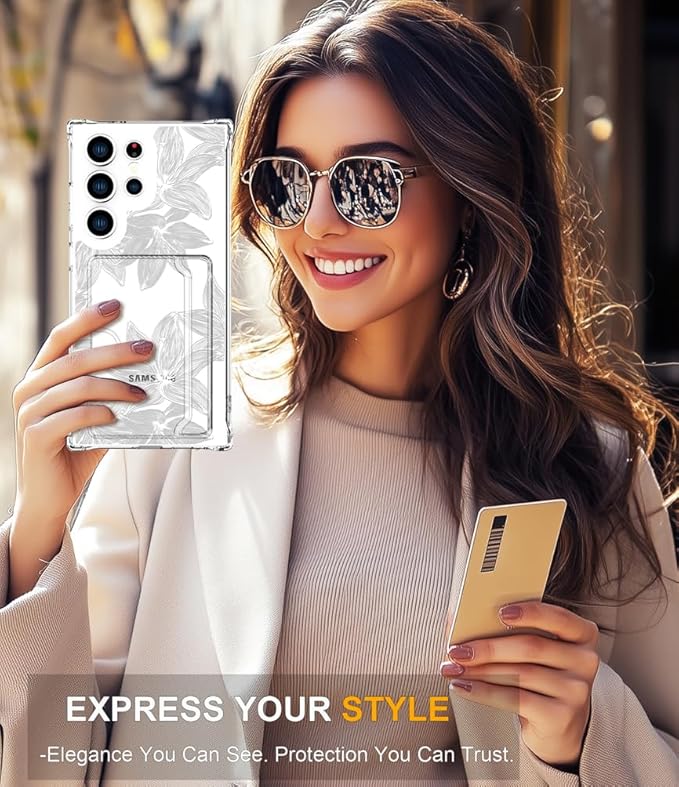 Compatible with Samsung Galaxy S24 Ultra Case Card Holder for Women Cute Design,Wallet Phone Cases Transparent Cool Kawaii Protective (Clear Flower White)