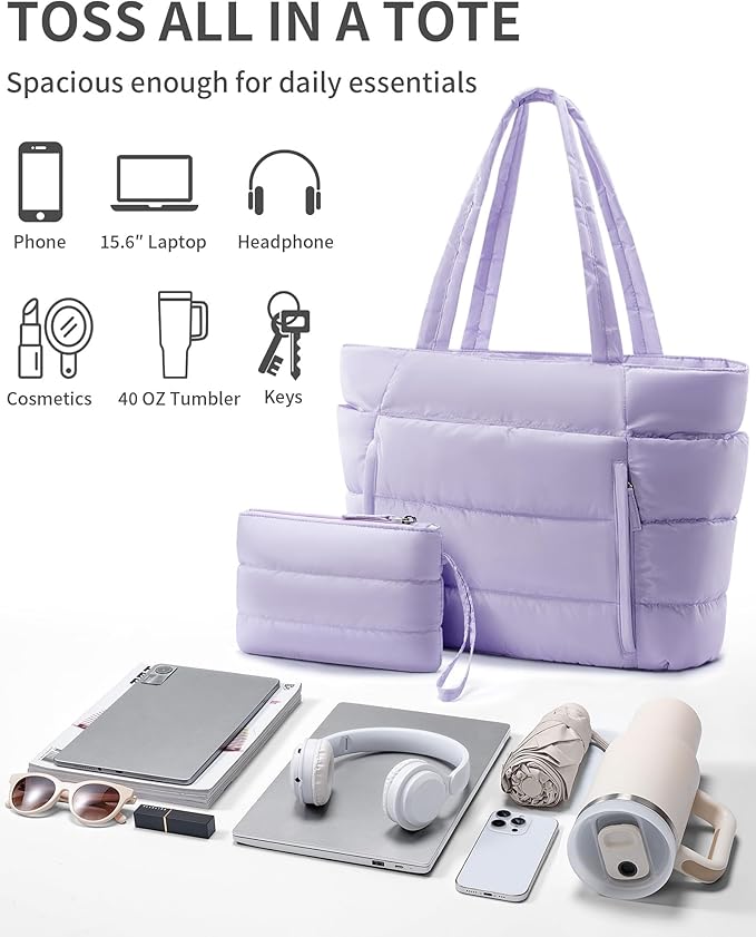 Bagstellar Puffer Tote Bag for Women, Lightweight Puffy Work Handbag Teacher Nurse Quilted Shoulder Bag for School Travel Gym | Cloud Bag w/ Zipper, Daily College Bags, 15.6" Computer Bag, Clinical Nursing Bag, 40 OZ Tumbler Holder, Ideal Gift for Women