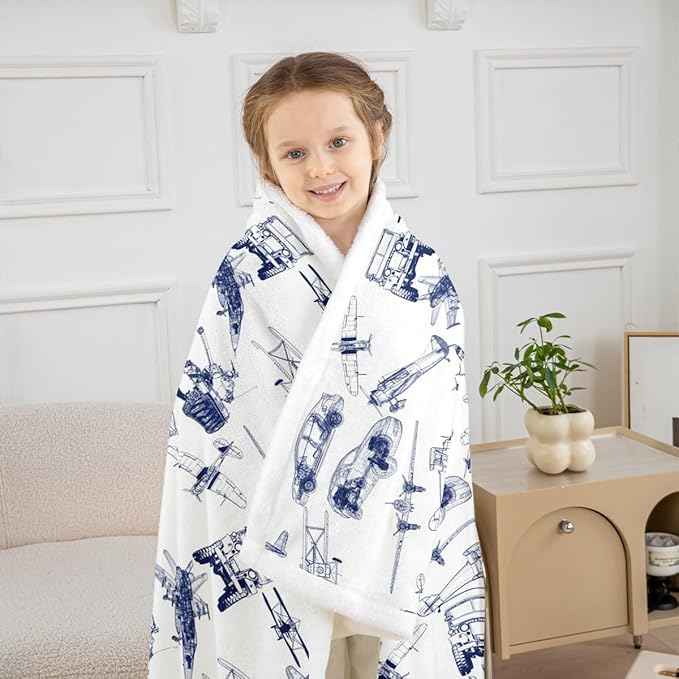 Airplane Kids Throw Blanket,American Aircraft Tank Toddler Bed Blanket for Girls Boys Adults,Racing Car Hand-Painted Sketch Fleece Blanket,Blue White Fuzzy Blanket,40 x 50 Inches