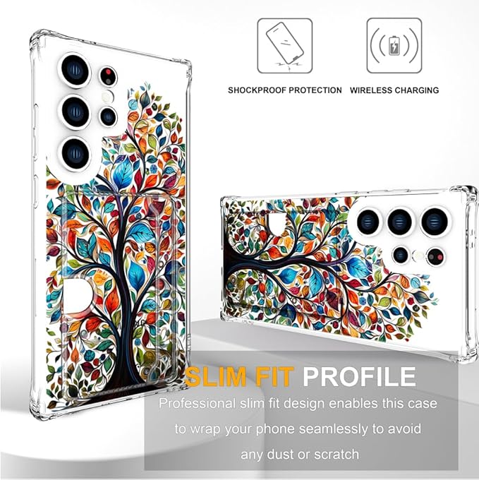 Compatible with Samsung Galaxy S24 Ultra Case Card Holder for Women Cute Design,Wallet Phone Cases Transparent Cool Kawaii Protective (Clear Tree Colorful Leaves)