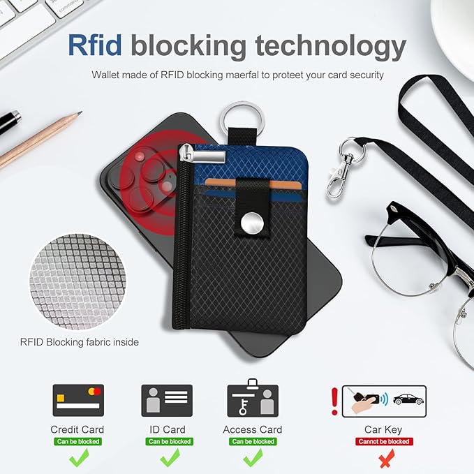 Minimalist RFID Blocking Small Wallet with ID Window,WaterResistant Zip Id Case Wallet with Lanyard Keychain for Cards,Cash,Travel,Women,Men (Black/Electric Blue)