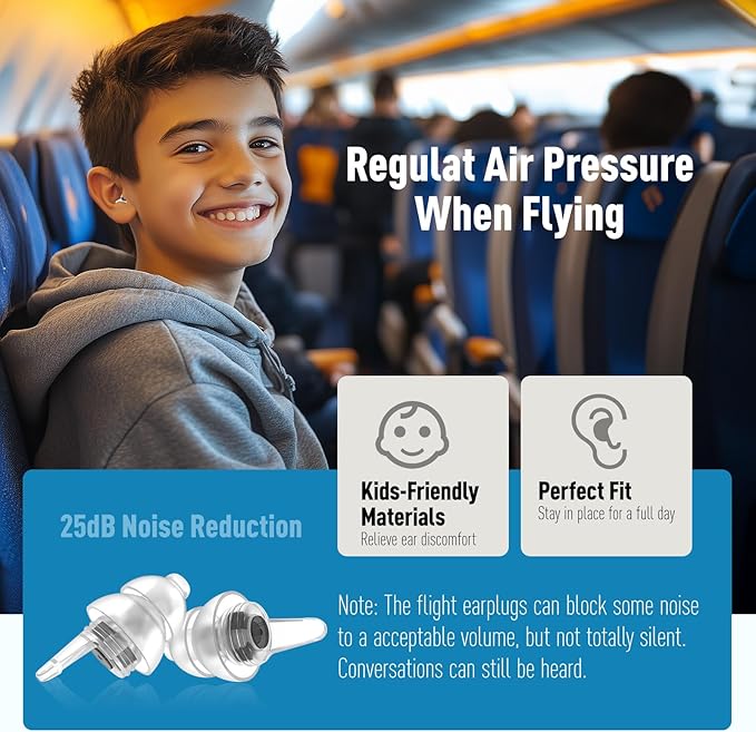 Kids Ear Plugs (6yrs +), Reusable Airplane Ear Pressure Relief Earplug for Child Adult with Small Ear-canals, Ear Protection for Focus, Travel, Anxiety Stress, School, 25 dB Noise Reduction