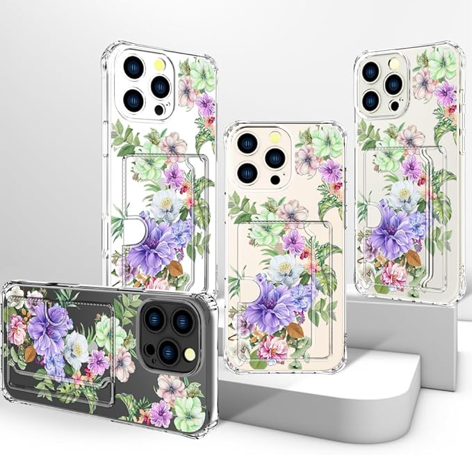 Compatible with iPhone 16 Pro Max Case Card Holder for Women Cute Design,Wallet Phone Cases Transparent Cool Kawaii Protective (Clear Impressive Flowers)